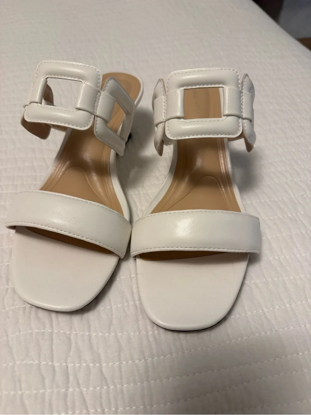Adrienne Vittadini White Wedge Slide Sandals with Buckle Straps